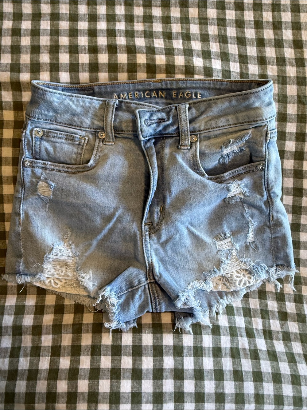 American Eagle Outfitters Light Wash Distressed Denim Lace-Trim Shorts